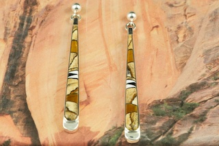 Genuine Picture Jasper, Magnesite and Black Jade inlaid in Sterling Silver. Post Earrings feature precision channel inlay. Designed by Navajo Artist Calvin Begay. Signed by the artist.